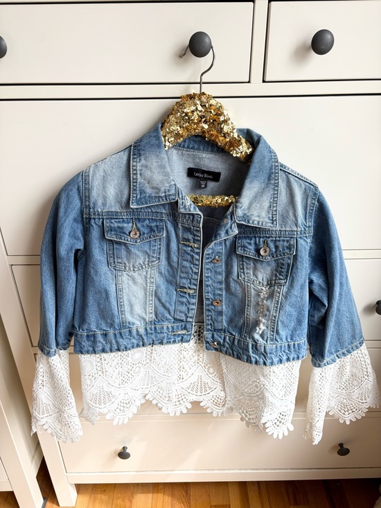 leo and viola Jackets & Blazers - Leo & Viola Denim Jacket Distressed with Lace Crochet Details Bell Sleeve